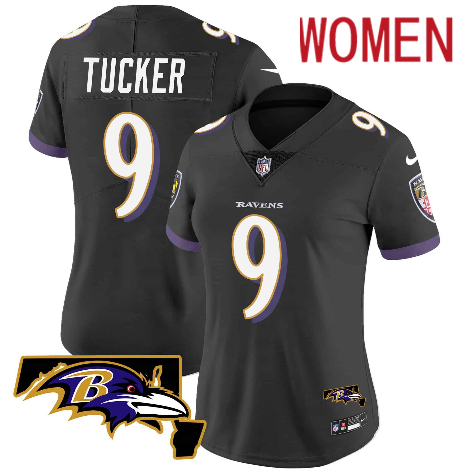 Women Baltimore Ravens #9 Tucker Black 2024 Nike Maryland Patch Vapor Limited NFL Jersey style 1
